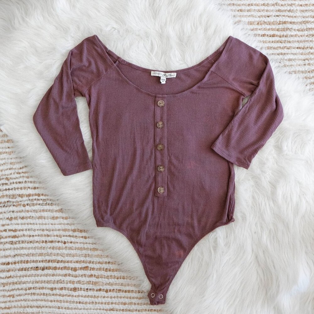 Express Bodysuit Sz S Purple Muted Hue Ribbed Long Sleeve Buttons See Notes